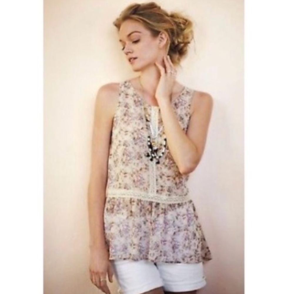 Anthropologie Cream Pink Floral Semi Sheer Tank